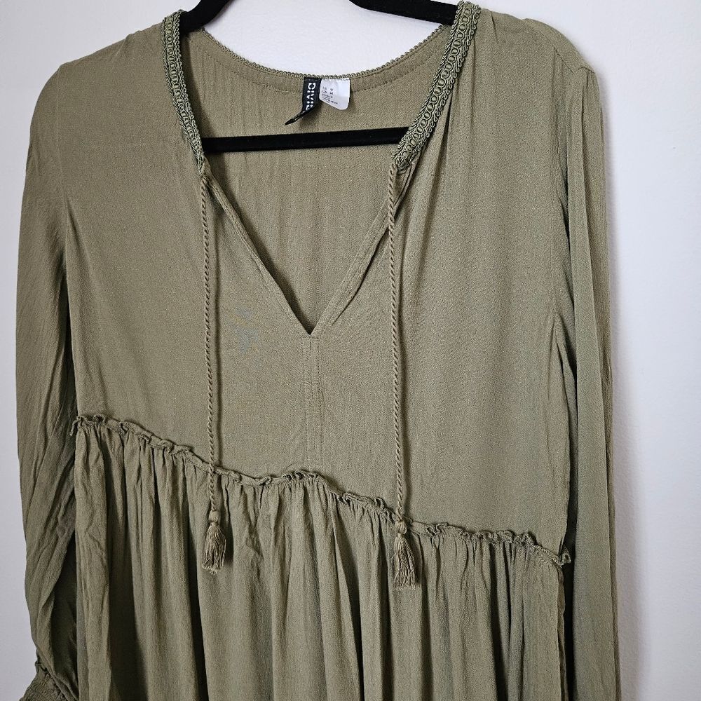 Divided Dress Long Sleeve H&M Green Mini V-Neck Tassels Casual Viscose Neutral - Picture 2 of 11